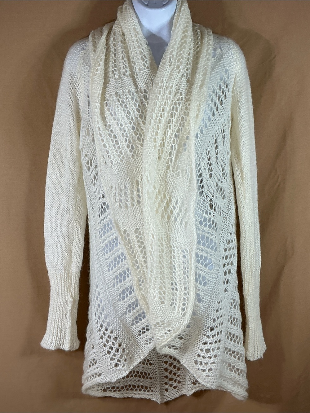 Helen Welsh Openwork Draped Long-Sleeve Knit cardigan sweater in Cream One Size